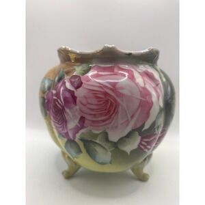 Antique Nippon Hand Painted Porcelain Rose Jar Gold Gilt Footed Bowl Maple Leaf